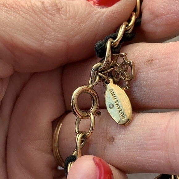 Ann Taylor long leather woven gold tone crystal charm statement necklace - Picture 8 of 9